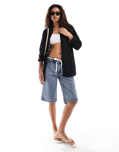 Monki linen blend oversize shirt in black