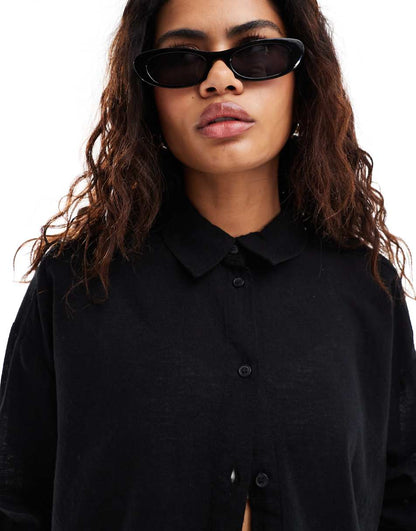 Monki linen blend oversize shirt in black