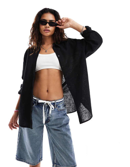 Monki linen blend oversize shirt in black