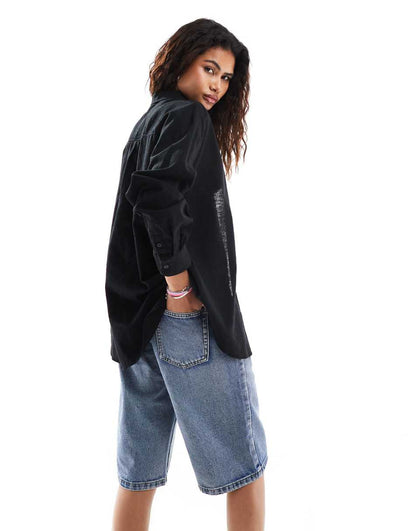 Monki linen blend oversize shirt in black