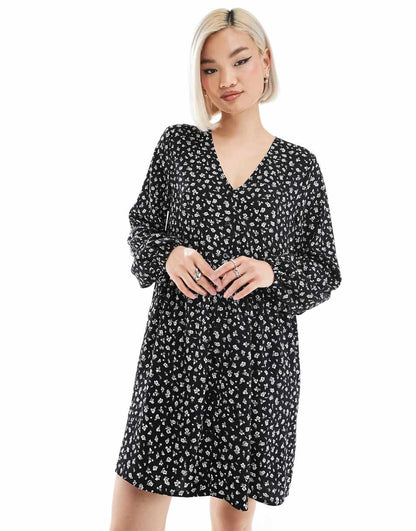 Monki button up mini dress in black and white floral print