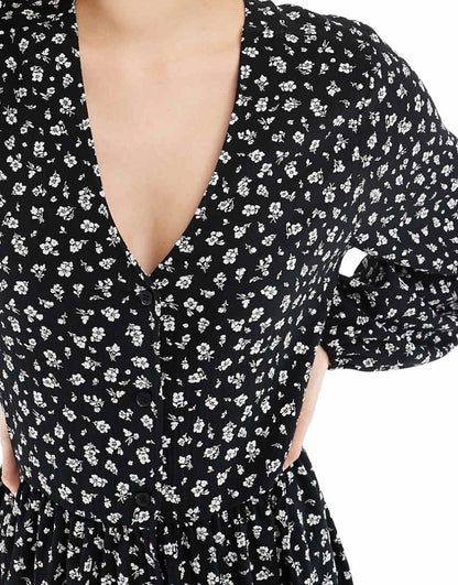 Monki button up mini dress in black and white floral print