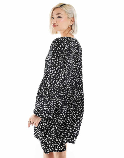 Monki button up mini dress in black and white floral print