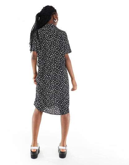 Monki midi shirt dress in mono ditsy print