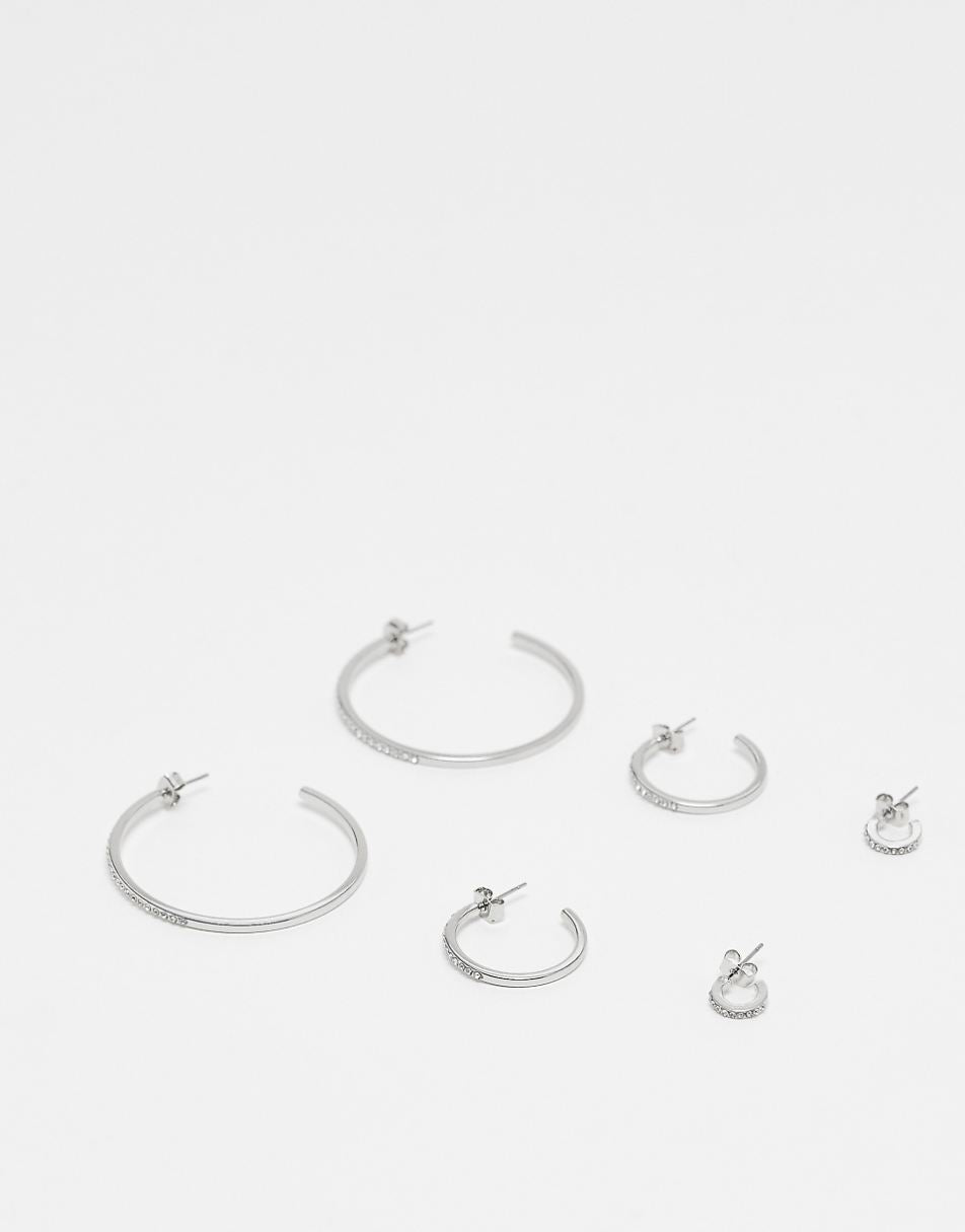 Monki 3 pack multiple size silver hoops with crystals in silver