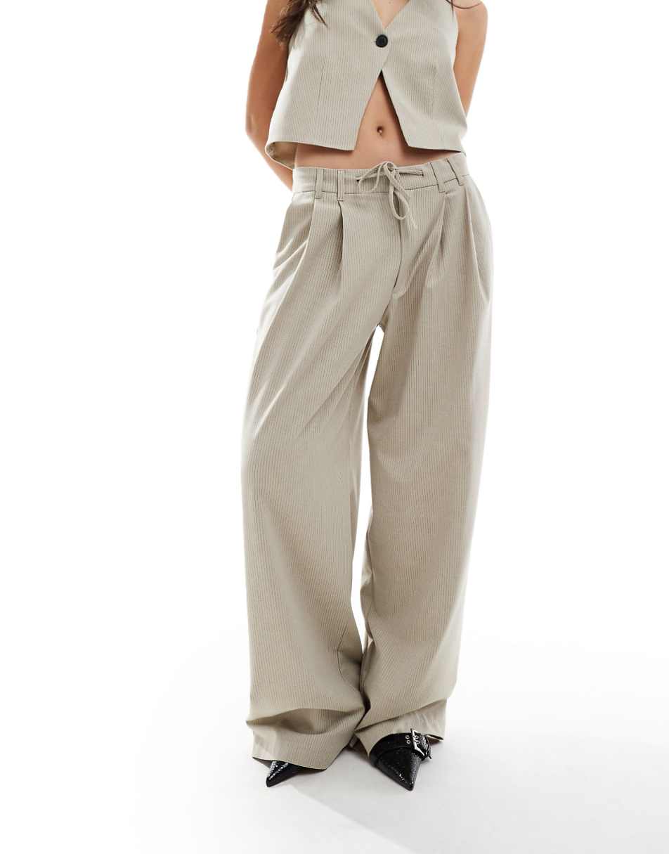 Pull&Bear tie waist detail pinstripe tailored pants in sand - part of a set