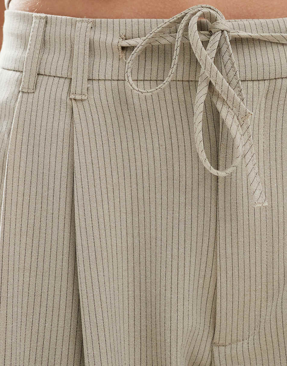 Pull&Bear tie waist detail pinstripe tailored pants in sand - part of a set