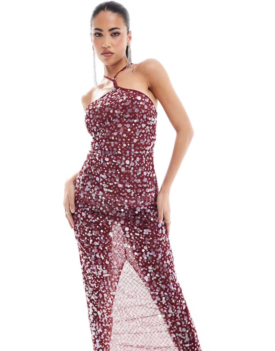 ASOS DESIGN halter neck sequin midi dress in burgundy