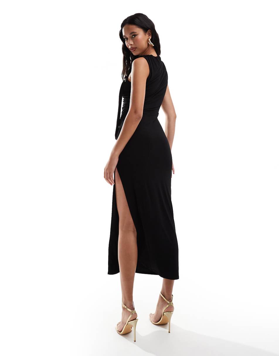 ASOS DESIGN asymmetric neckline midi dress with oversized ring trim in black