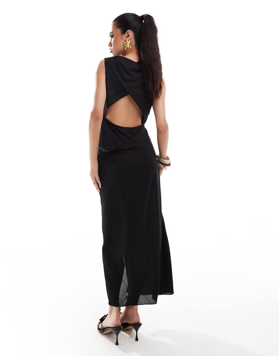 ASOS DESIGN high neck pleated maxi dress with drape wrap skirt in black