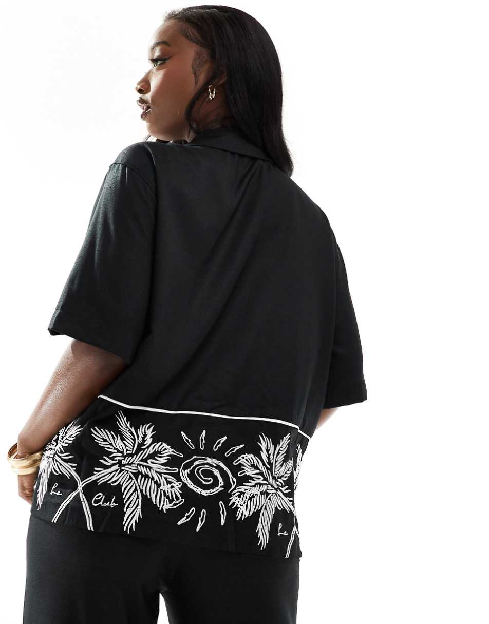 The Couture Club palm print embroidery shirt in black - part of a set