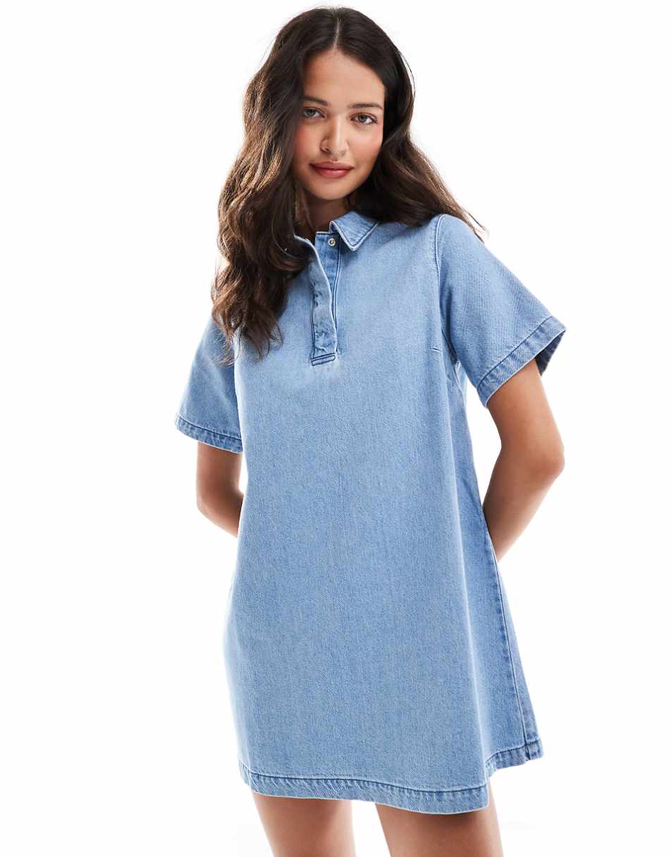 ASOS DESIGN denim polo dress in mid blue