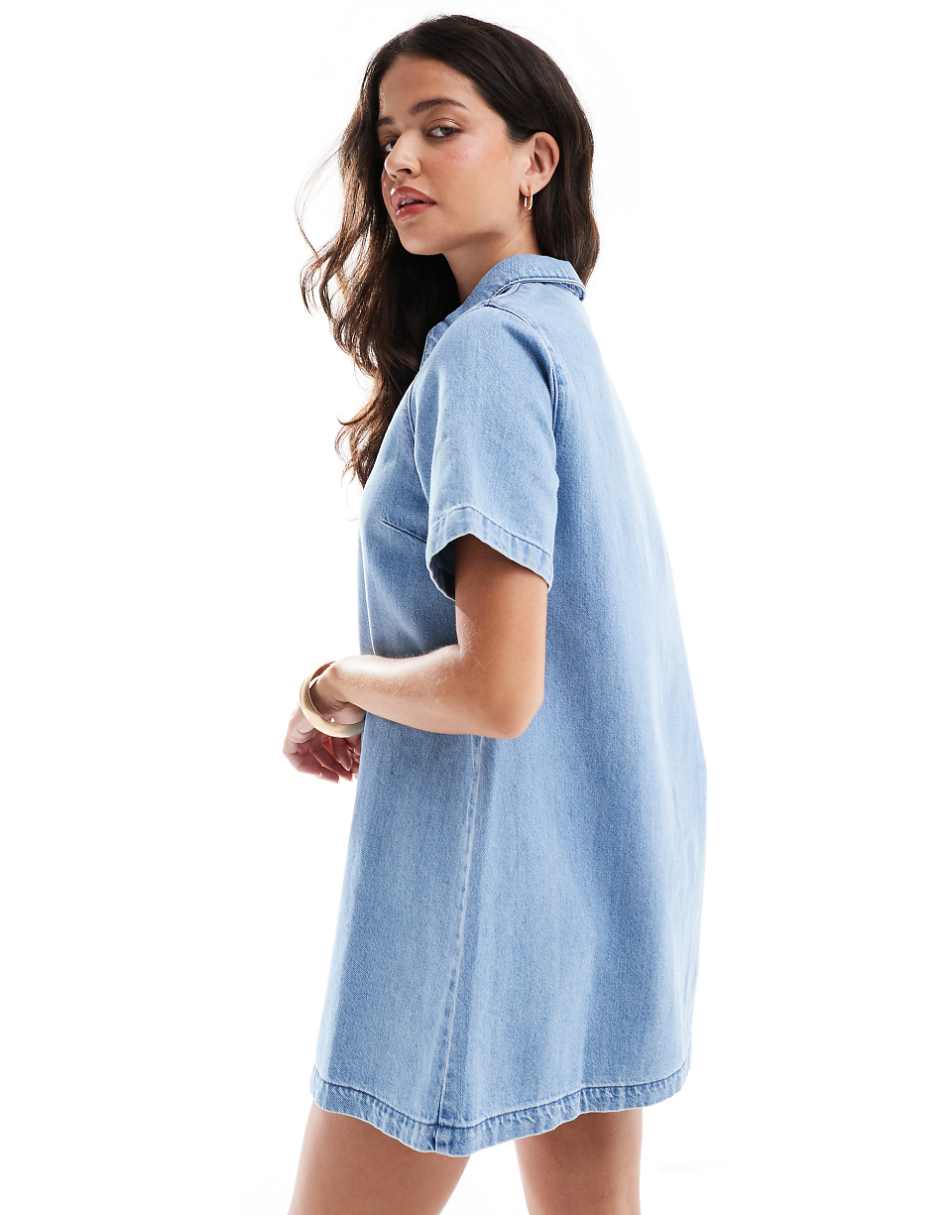 ASOS DESIGN denim polo dress in mid blue