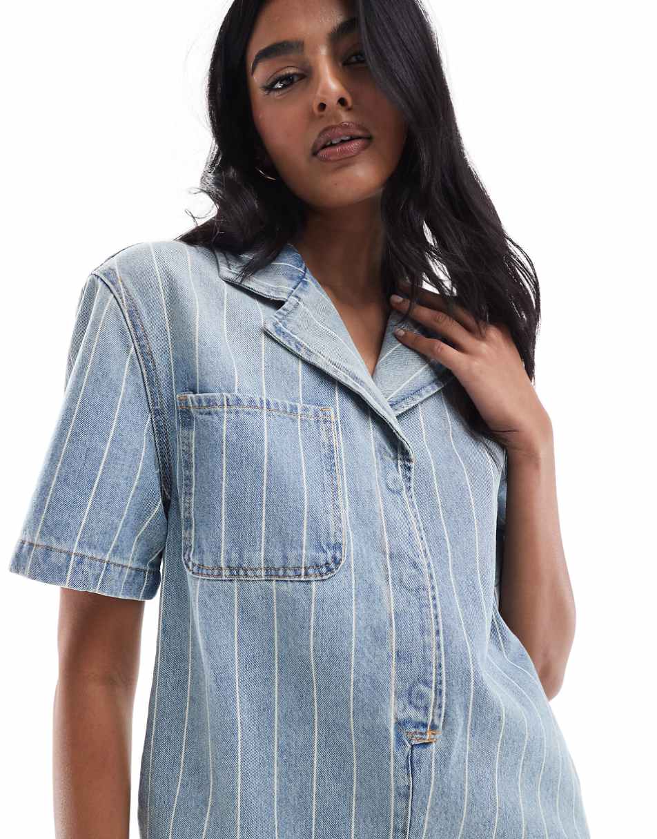 ASOS DESIGN denim boxy shirt romper in blue stripe