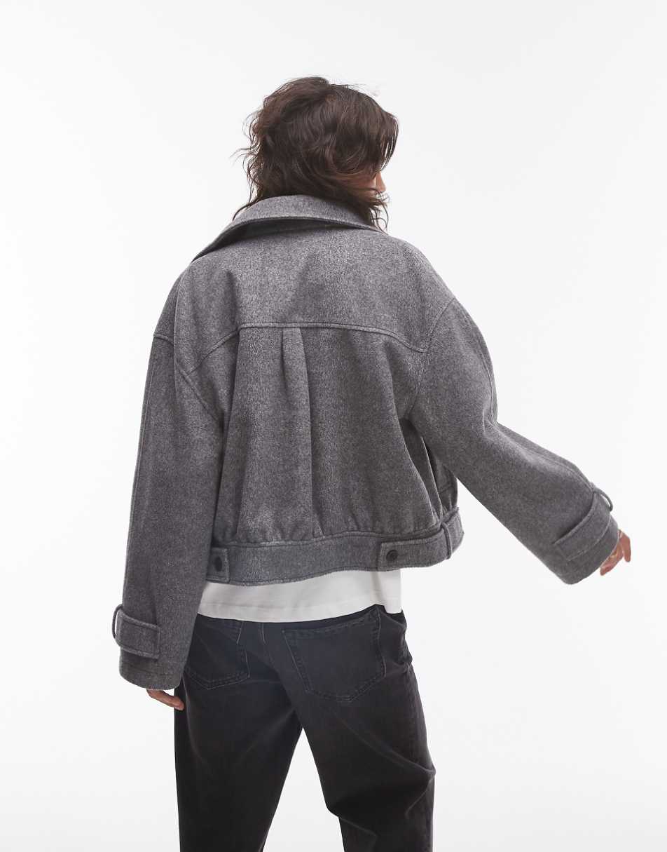 Topshop wool bomber jacket with tab detail in gray