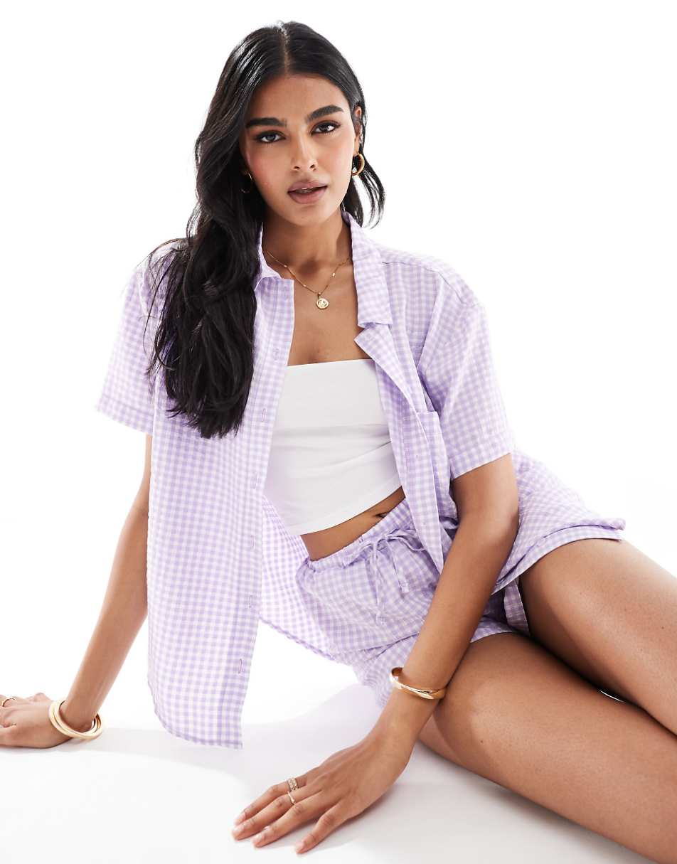 Miss Selfridge short sleeve resort shirt in lilac gingham - part of a set