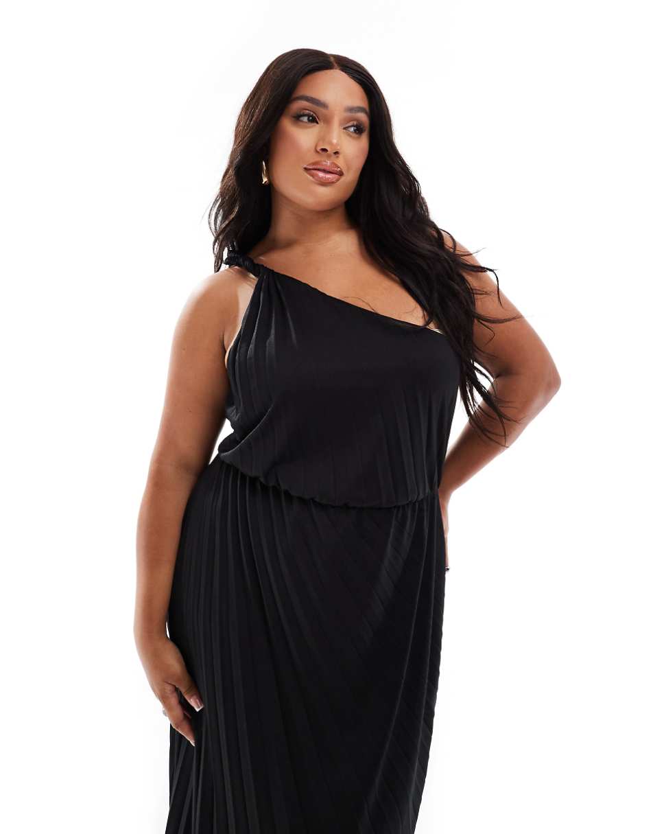 ASOS DESIGN Curve twist one shoulder pleated maxi dress in black