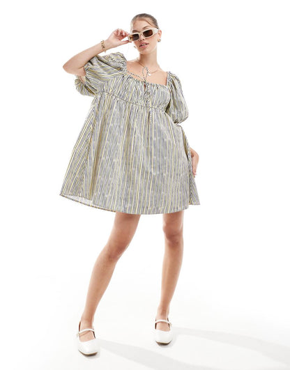 ASOS DESIGN puffed sleeve smock mini dress in yellow stripe