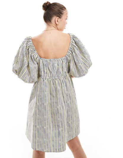 ASOS DESIGN puffed sleeve smock mini dress in yellow stripe