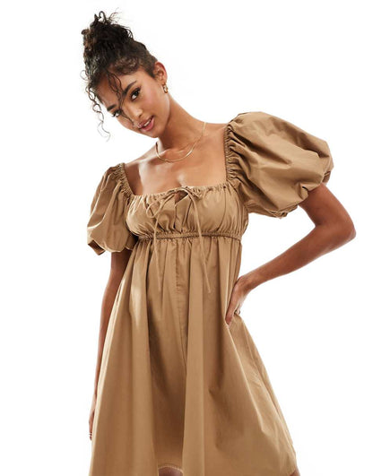 ASOS DESIGN puffed sleeve smock mini dress in tiger eye