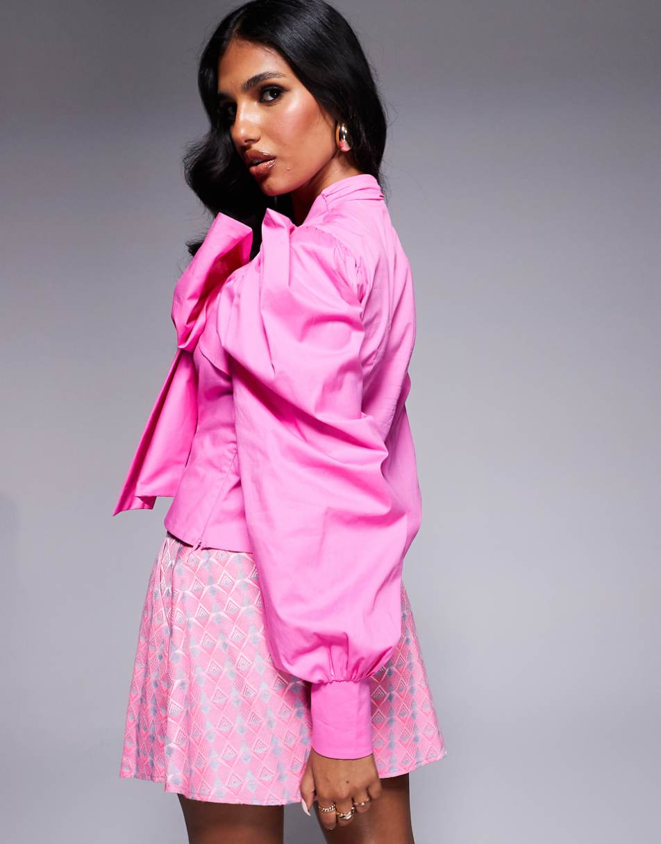 ASOS LUXE cotton poplin blouse with pussybow in pink