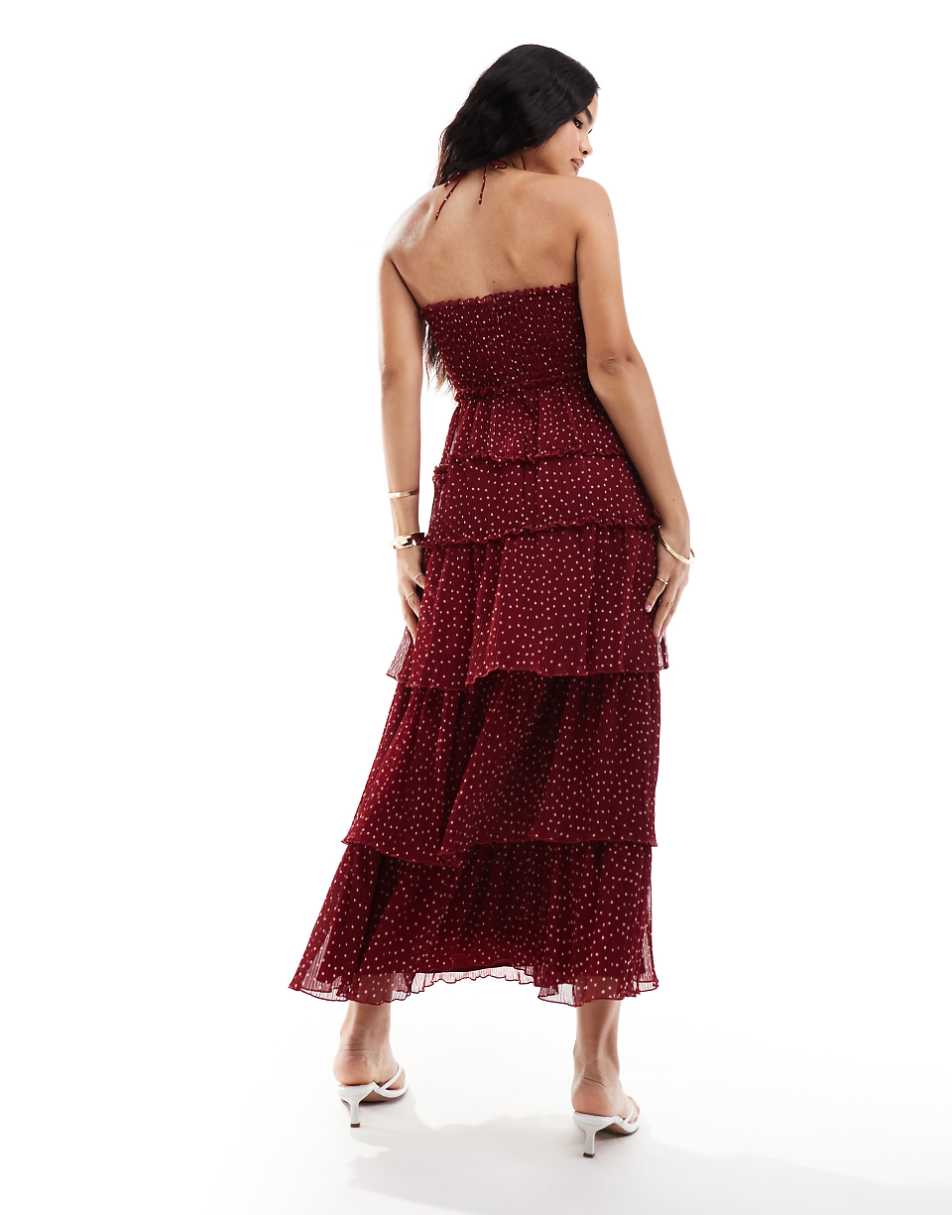 ASOS DESIGN shirred bust micro pleat tiered maxi dress in burgundy spot