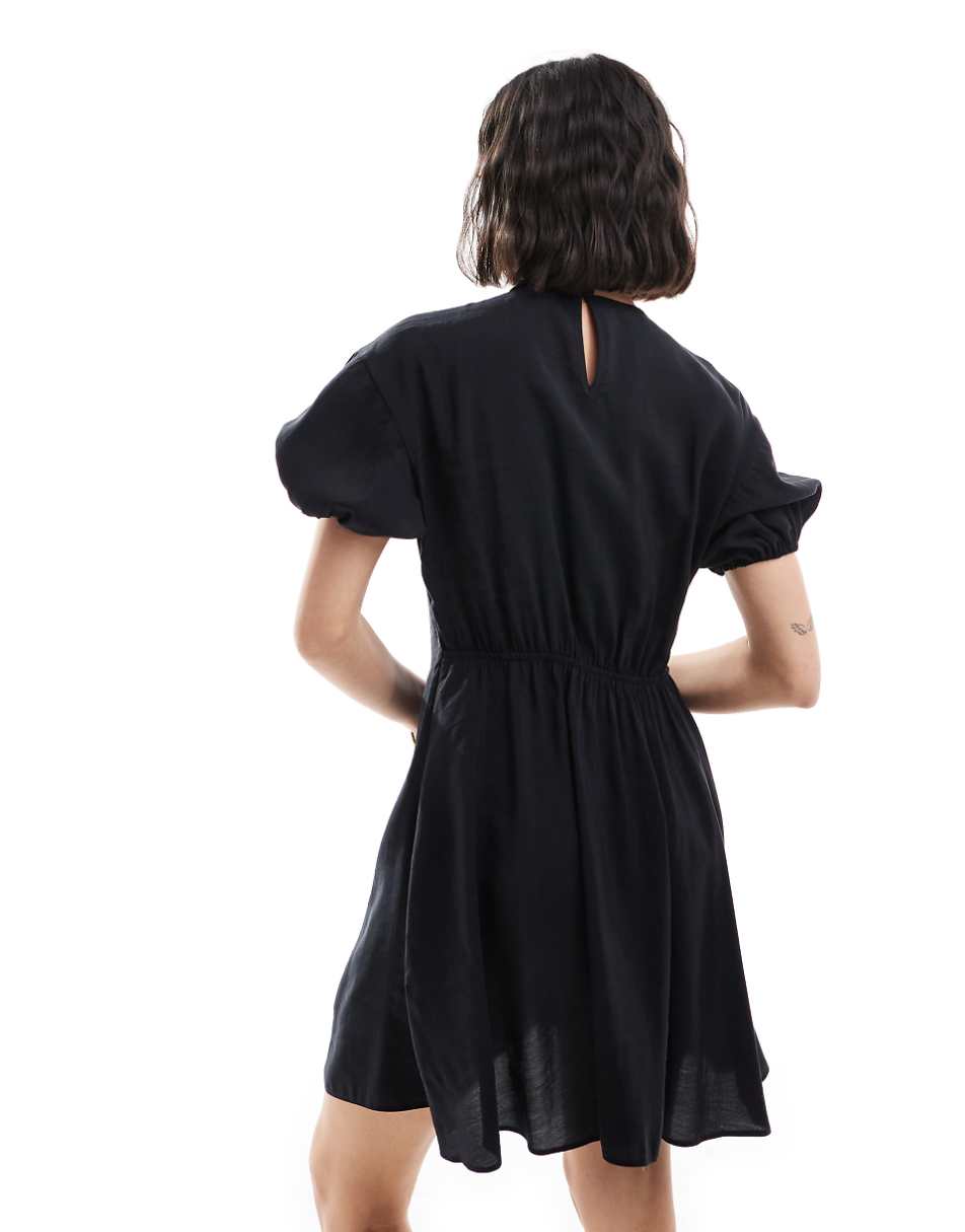 ASOS DESIGN cupro puff sleeve mini smock dress with ruching detail in black