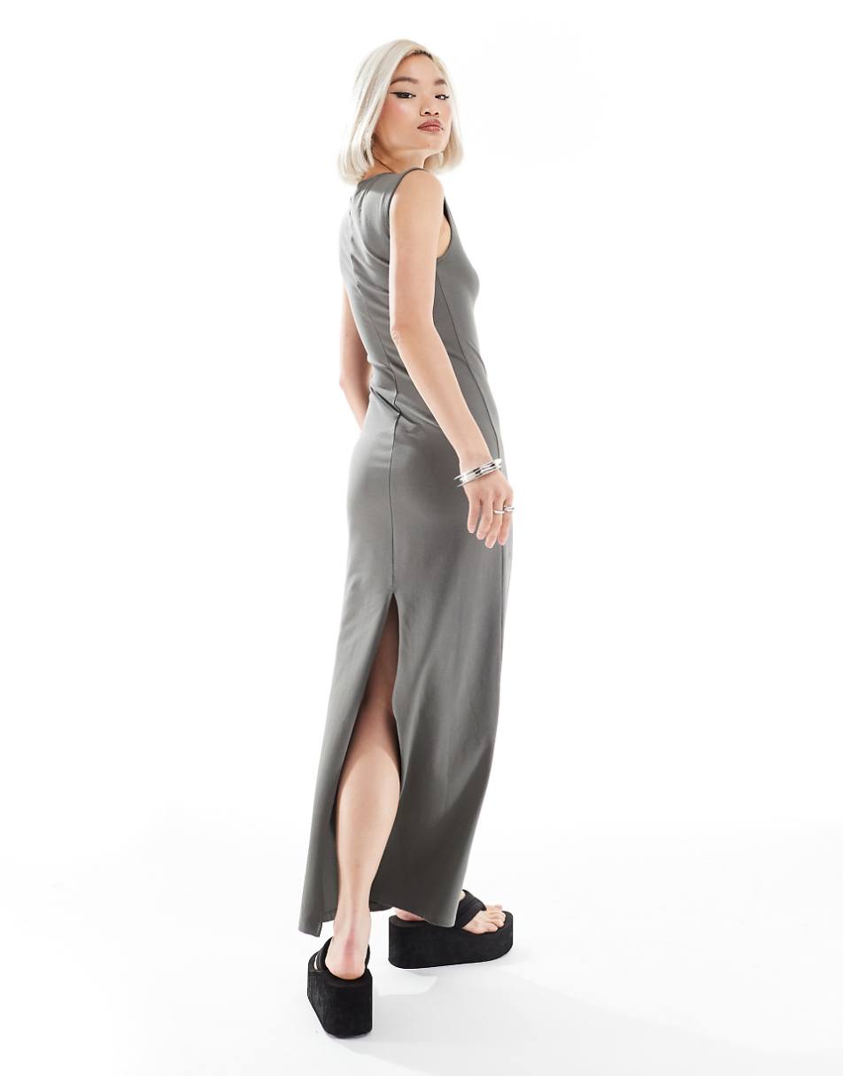 Weekday Inez slim fit maxi dress with back slit in gray - Exclusive to ASOS