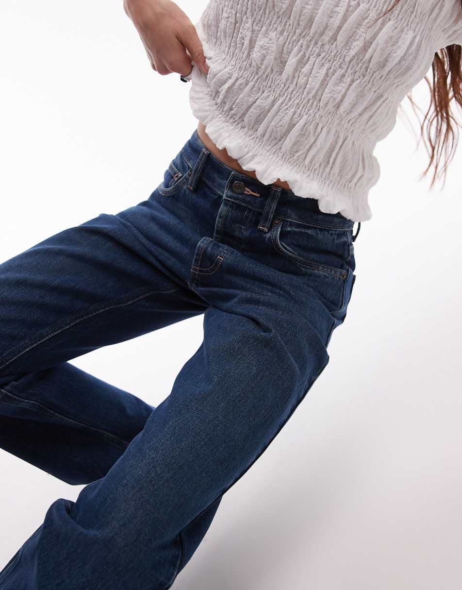 Topshop high rise straight Kort jeans in tinted dark blue