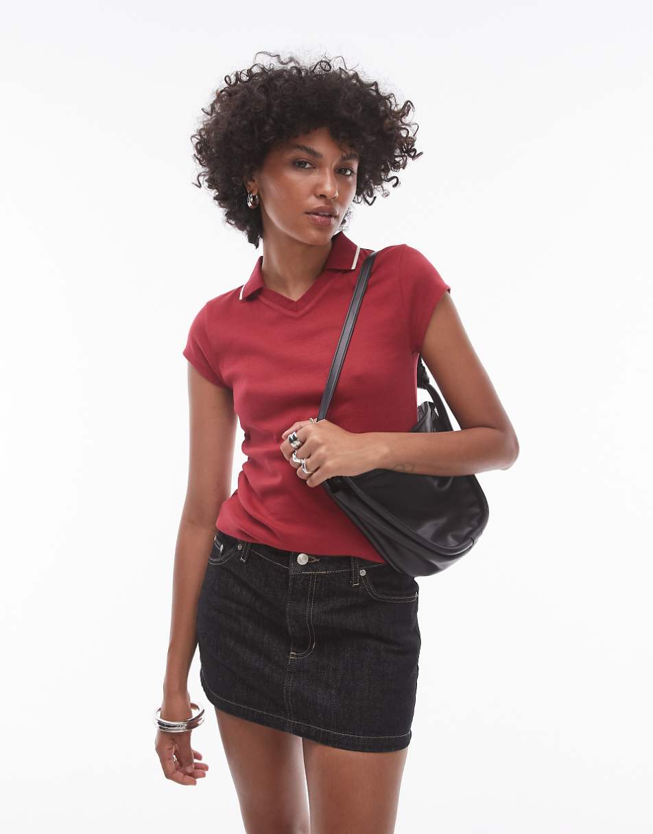 Topshop tipped shrunken polo top in red