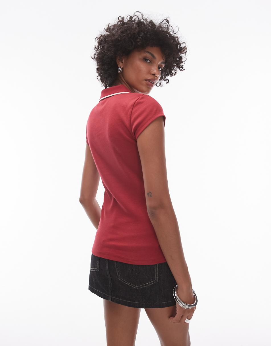 Topshop tipped shrunken polo top in red