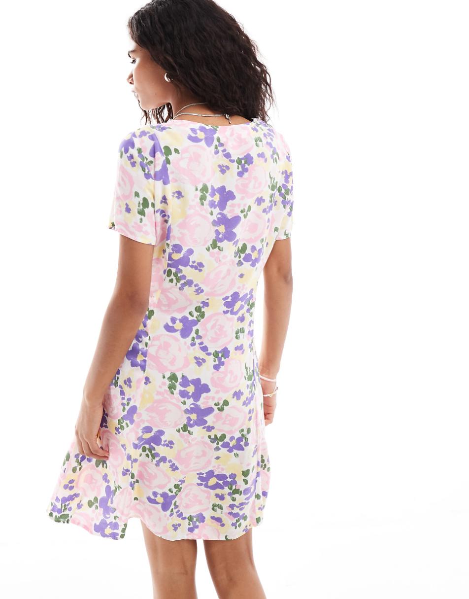 Monki button up mini dress with v neck in floral print