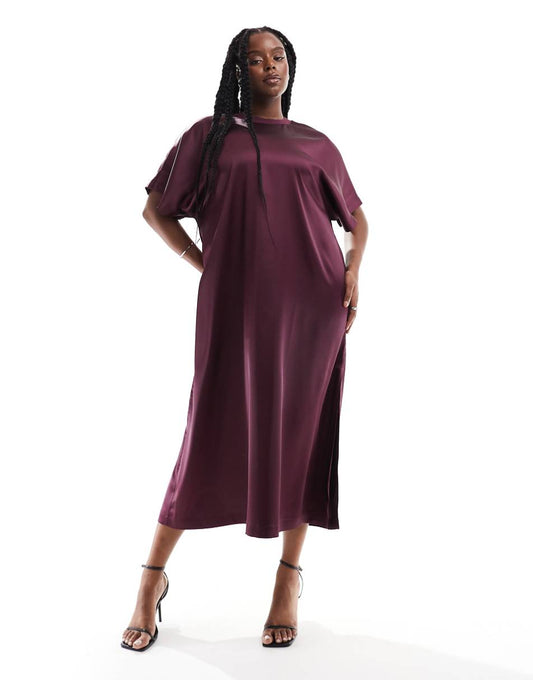 ASOS DESIGN Curve satin oversized midi t-shirt dress in burgundy