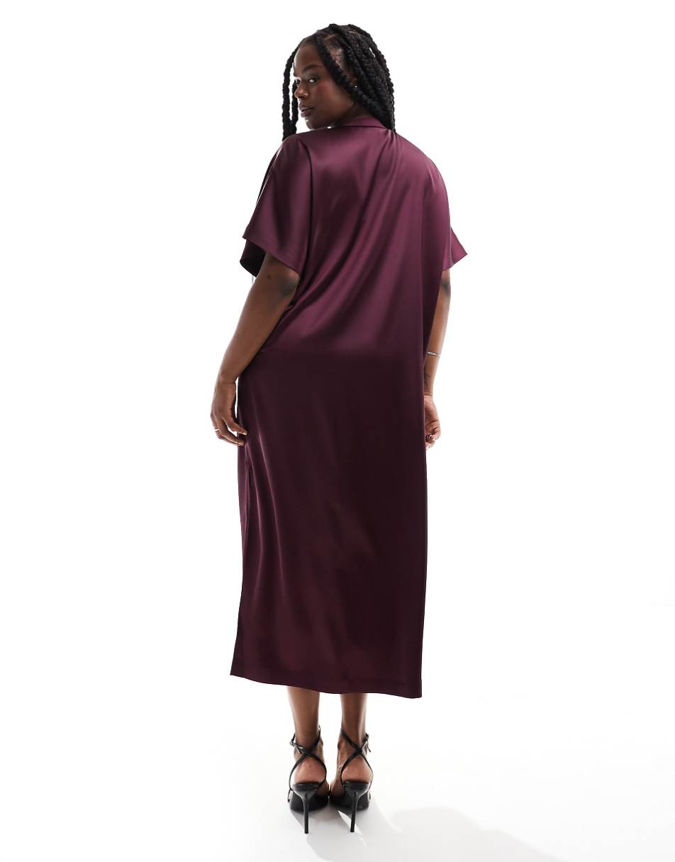 ASOS DESIGN Curve satin oversized midi t-shirt dress in burgundy