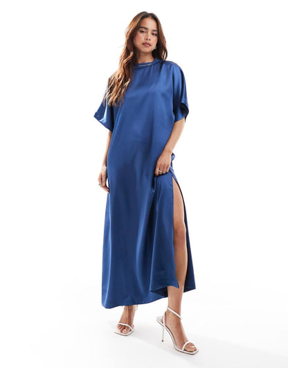 ASOS DESIGN satin midi T-shirt dress in denim blue