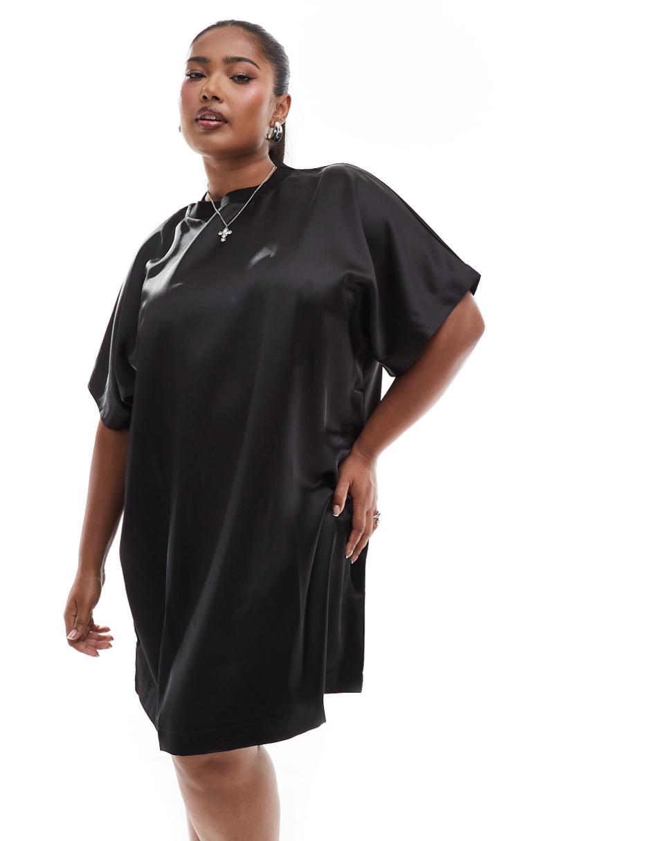 ASOS DESIGN Curve satin oversized mini tshirt dress in black