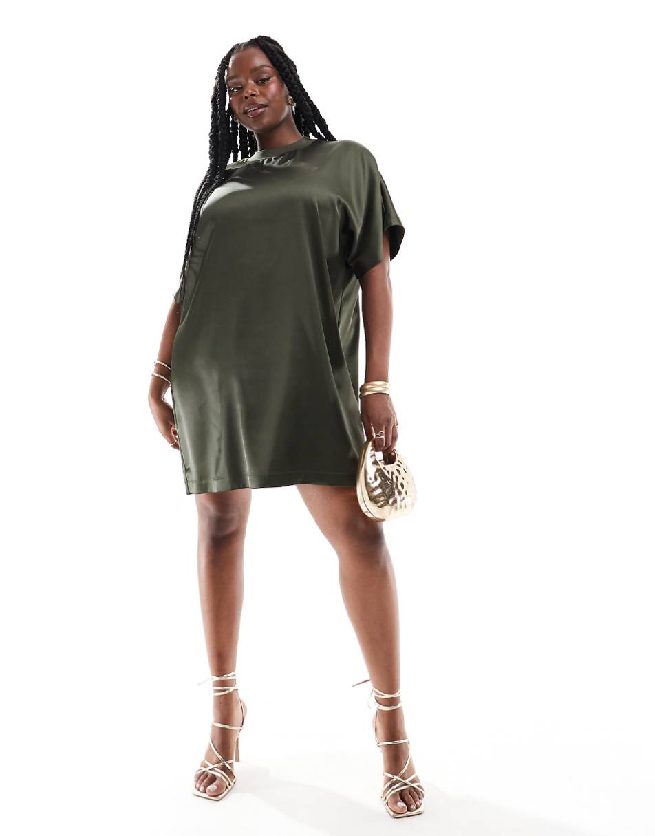 ASOS DESIGN Curve satin oversized mini t-shirt dress in khaki