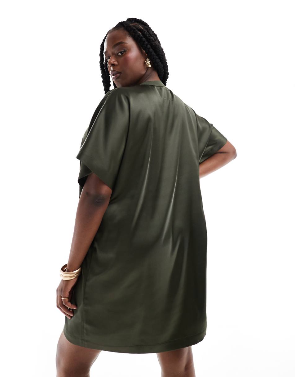 ASOS DESIGN Curve satin oversized mini t-shirt dress in khaki