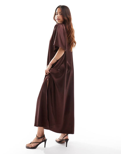 ASOS DESIGN satin midi T-shirt dress in chocolate