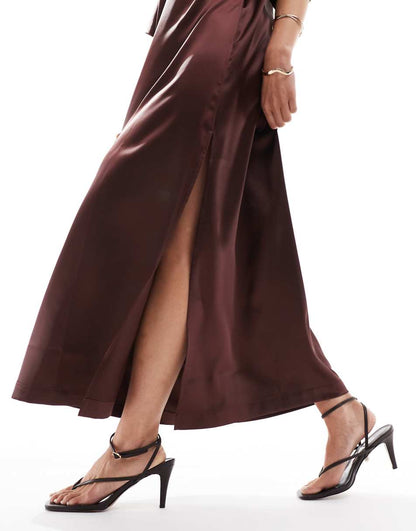 ASOS DESIGN satin midi T-shirt dress in chocolate