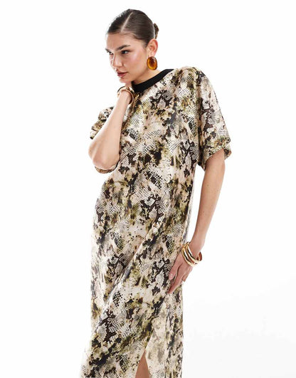 ASOS DESIGN satin oversized midi t-shirt dress in snake print