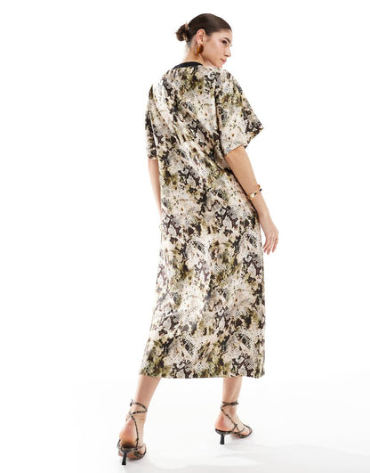 ASOS DESIGN satin oversized midi t-shirt dress in snake print