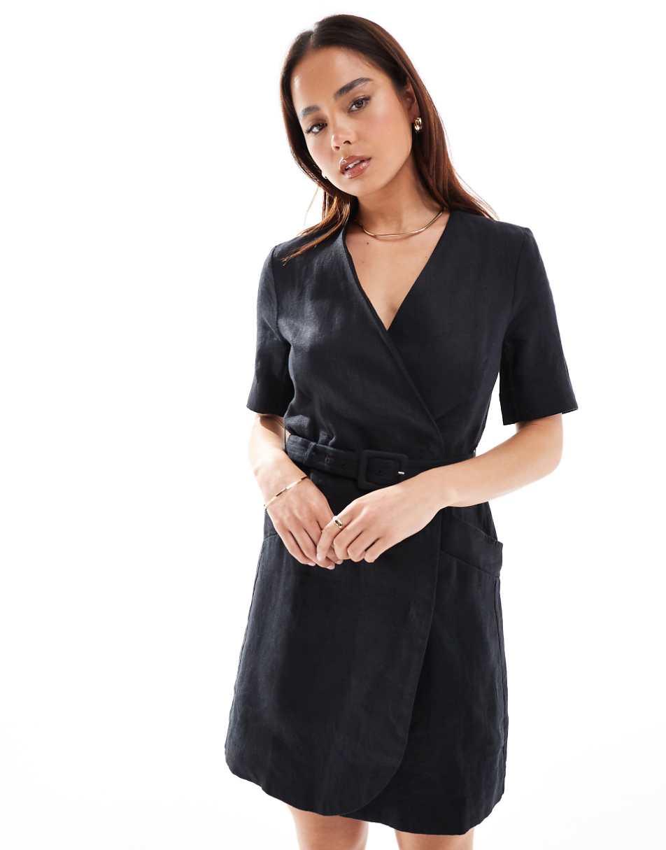 & Other Stories linen wrap mini dress with belt in black