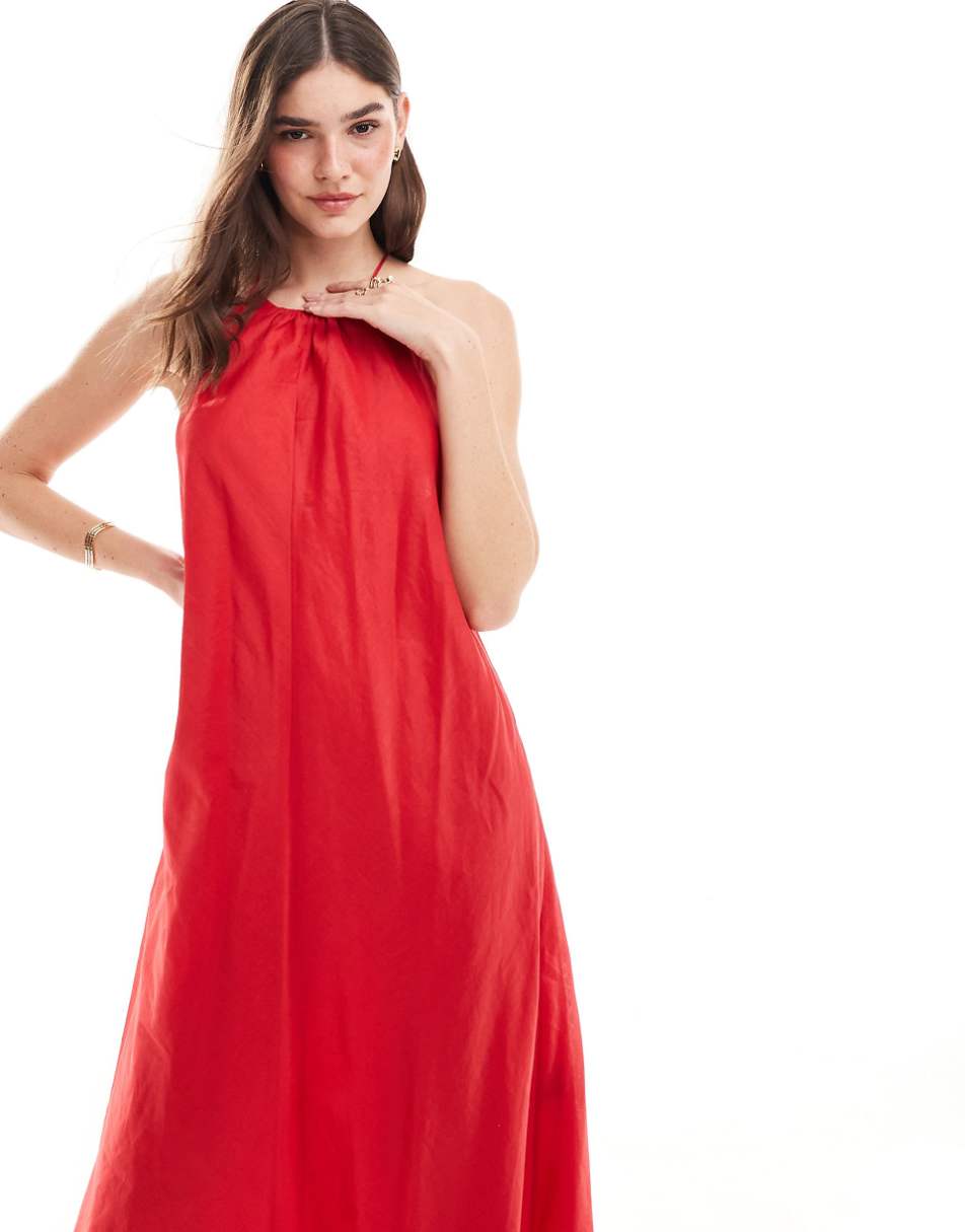 & Other Stories halter neck midaxi dress with cutaway back in red