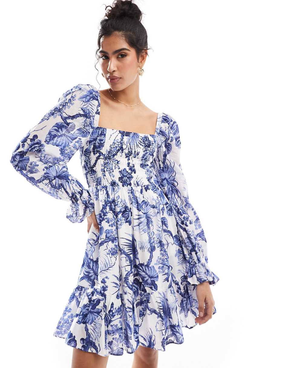 & Other Stories square neck ruched bodice mini dress with volume sleeve and tiered hem in blue floral print