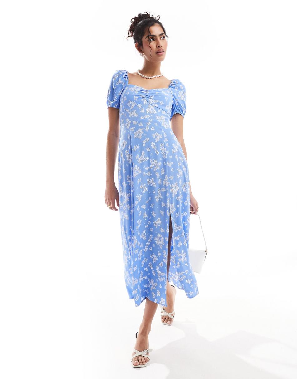 & Other Stories puff sleeve midi dress in blue floral print