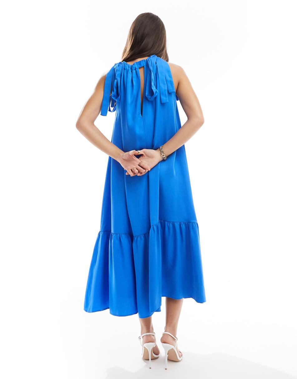 & Other Stories tiered hem maxi dress with gathered tie neck detail and keyhole back in blue