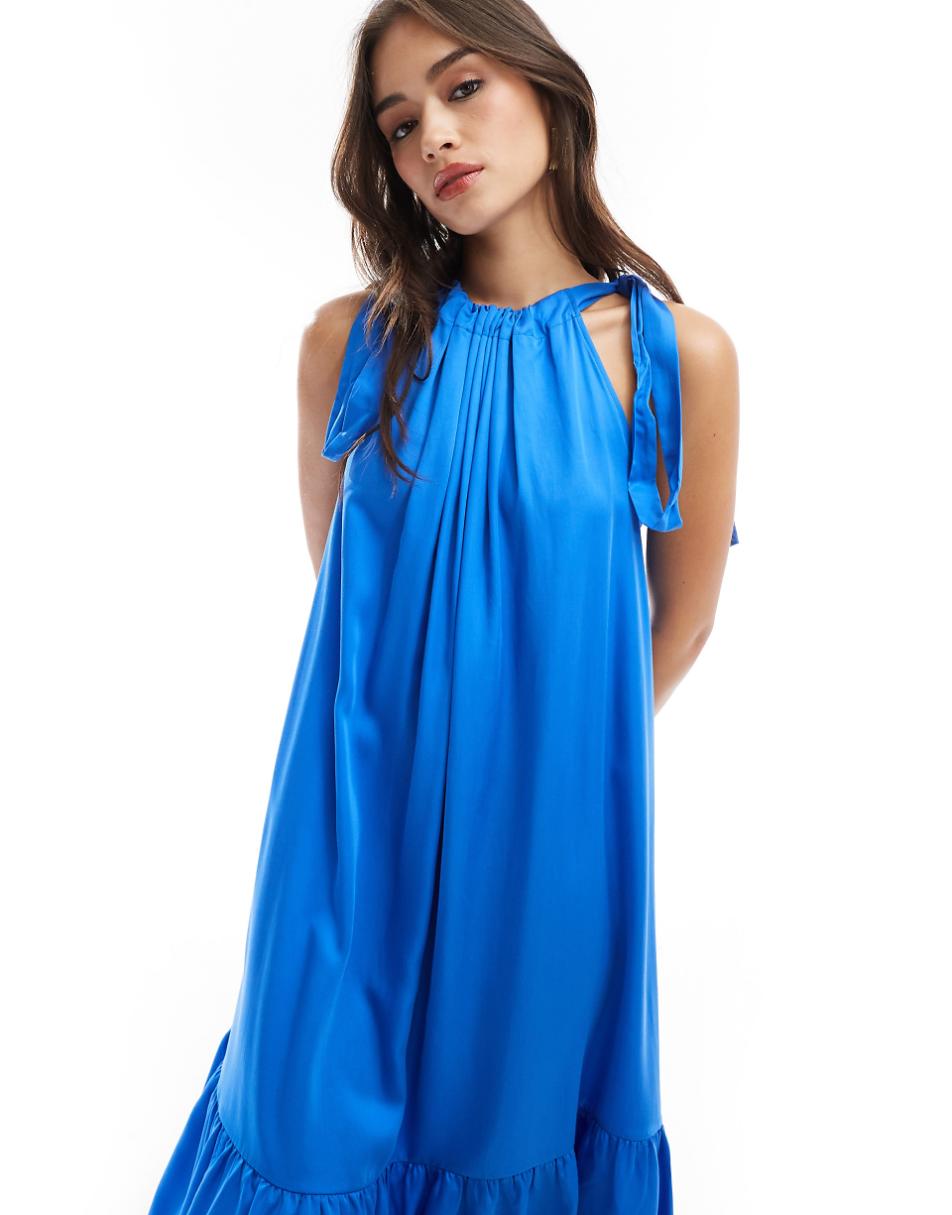 & Other Stories tiered hem maxi dress with gathered tie neck detail and keyhole back in blue