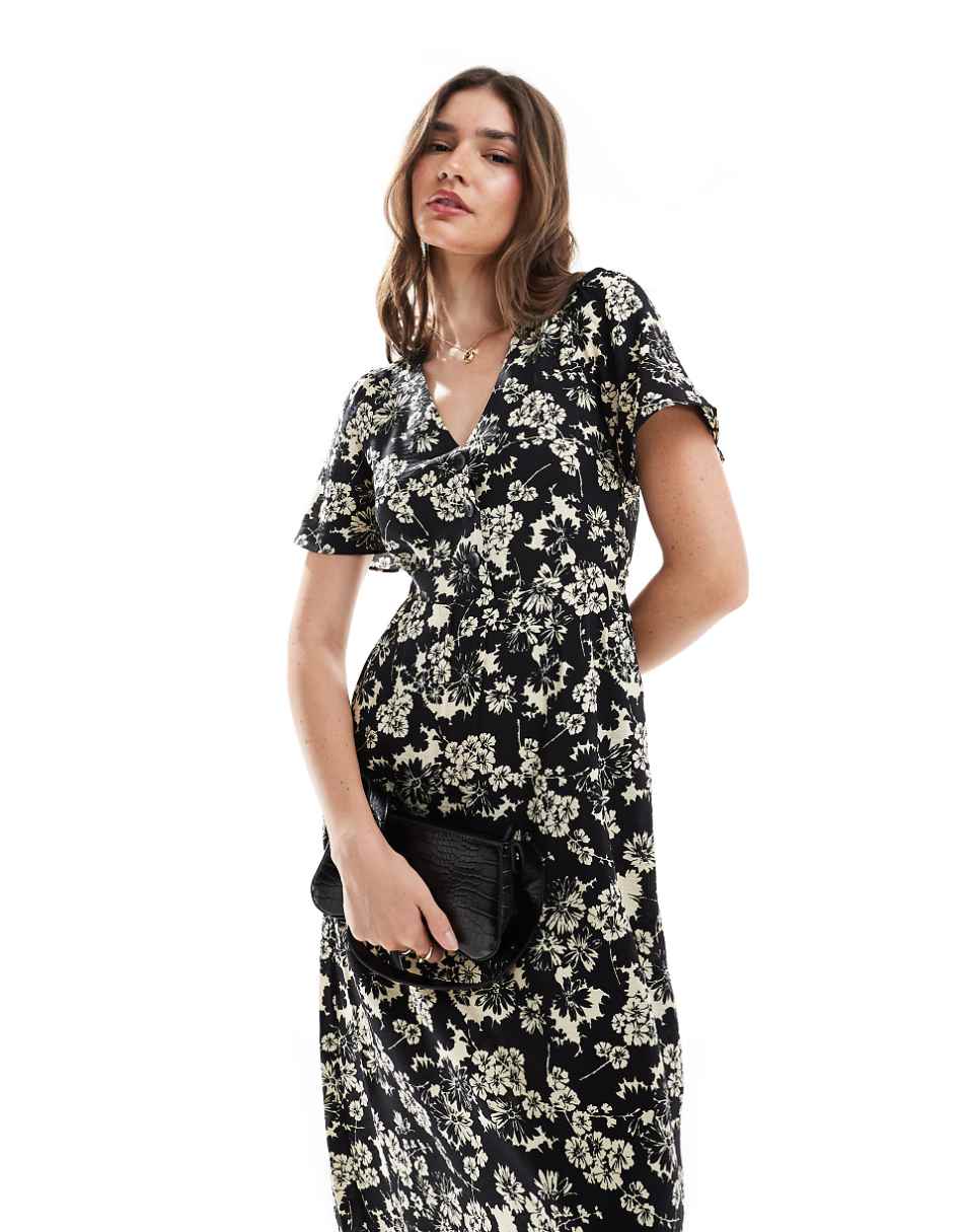 & Other Stories flutter sleeve midi dress in mono floral print