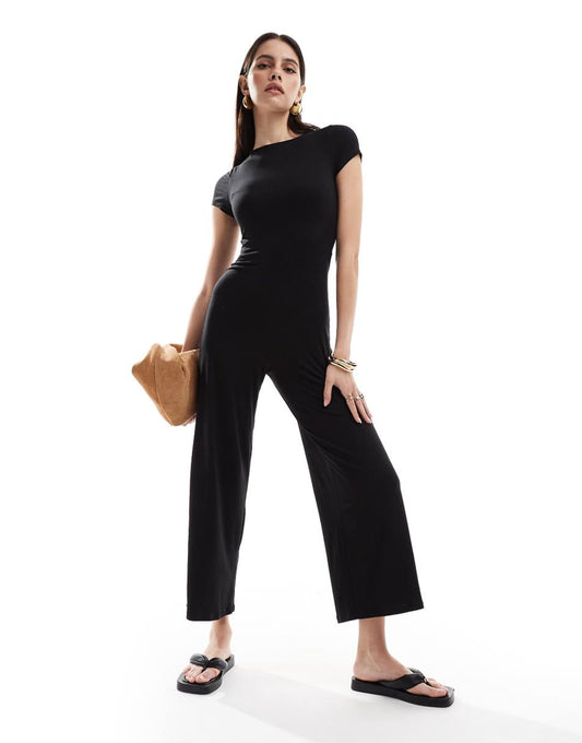 ASOS DESIGN cap sleeve slash neck jumpsuit in black